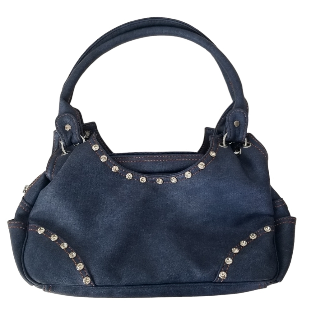 Blush Blue Denim Style Faux Leather Shoulder Bag Rhinestone Details Y2K